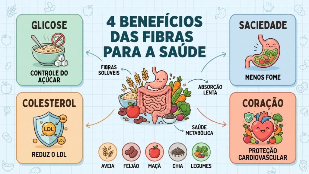 Quatro benefícios das fibras: glicose, saciedade, colesterol e proteção do coração.