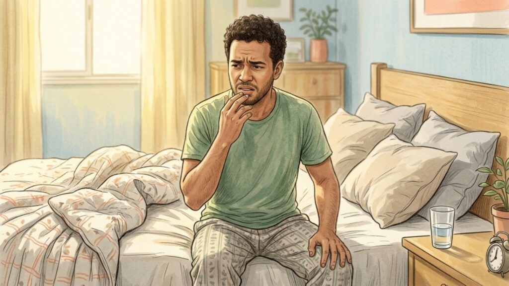 Durante o sono, a produção de saliva diminui e o corpo permanece em posição horizontal por várias horas. 