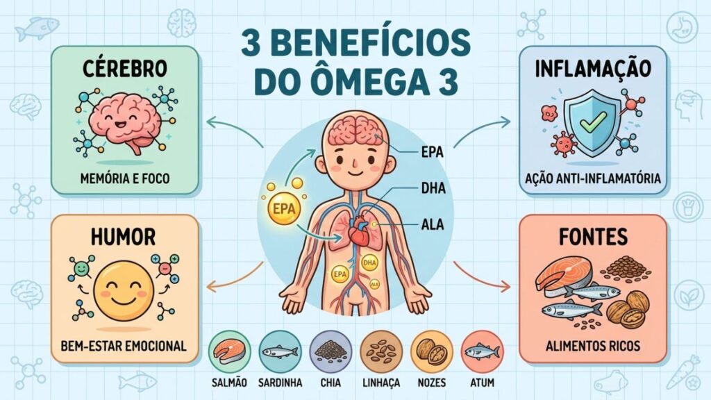 Cérebro, controle da inflamação e humor são benefícios importantes do ômega 3.