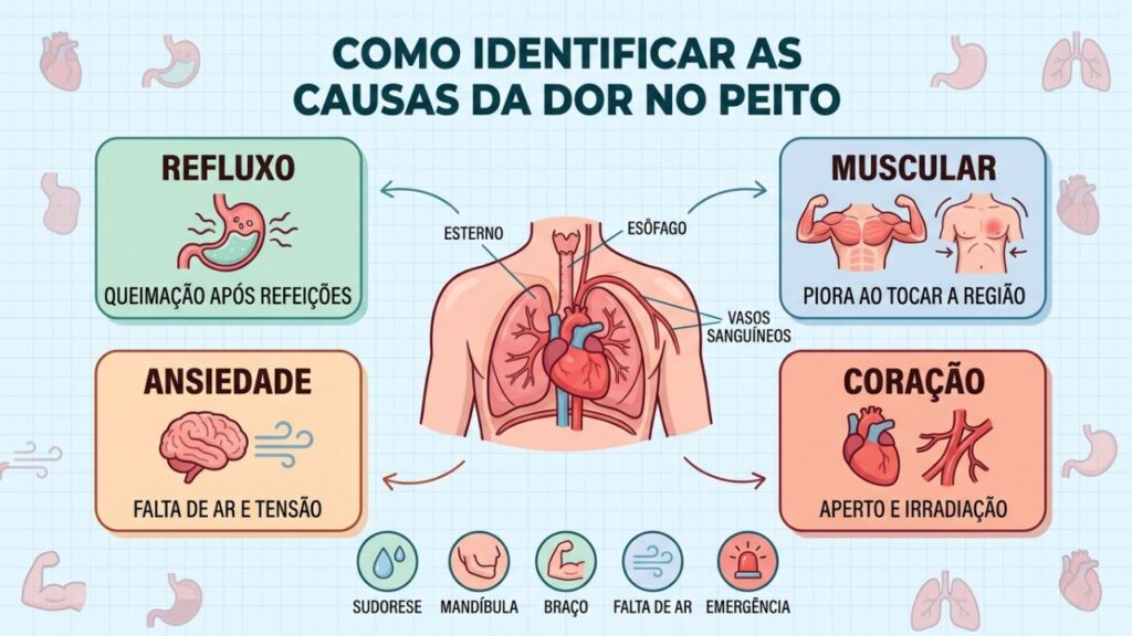 Refluxo, ansiedade, músculos e coração podem provocar dores semelhantes no peito.