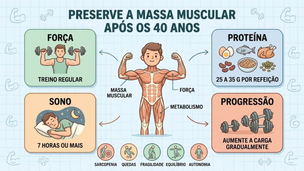 Quatro pilares para retardar a sarcopenia: força, proteína, sono e progressão.