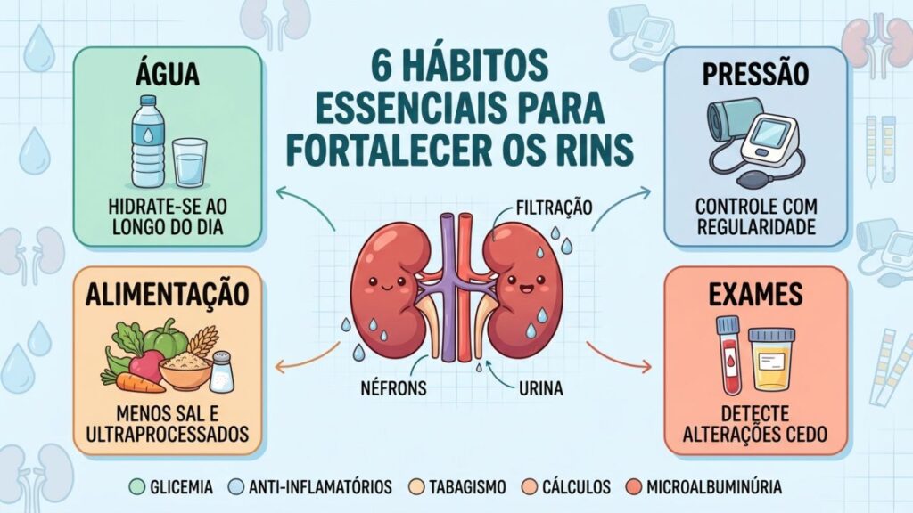 Água, pressão, alimentação e exames formam a base da saúde renal.