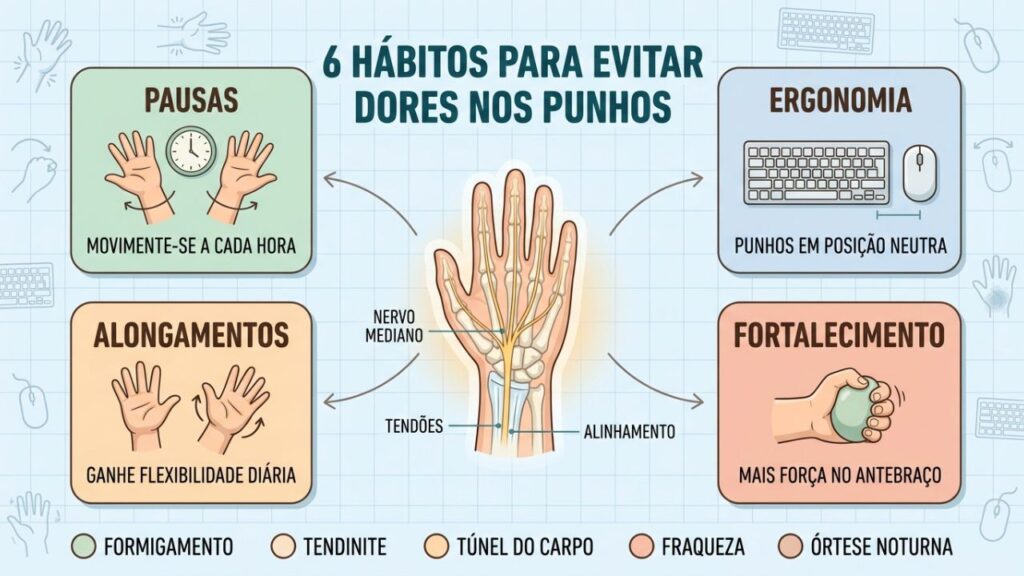 Pausas, alongamentos e ergonomia protegem os punhos durante a rotina diária.