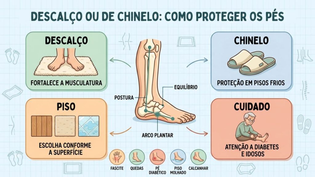 Piso, arco plantar e segurança orientam a melhor escolha em casa.