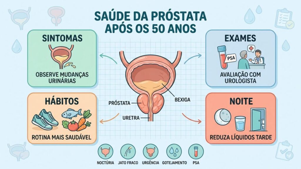 Exames, hábitos e sinais urinários orientam o cuidado com a próstata.