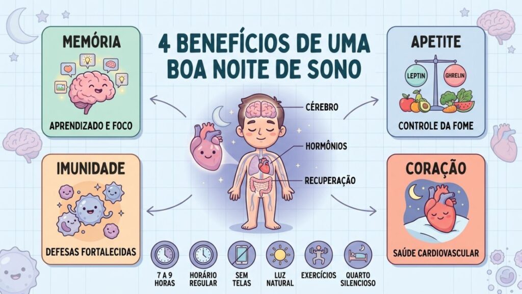 Memória, apetite, imunidade e coração são beneficiados por uma boa noite de sono.