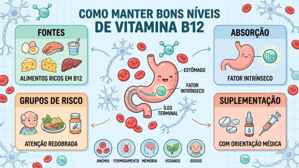 Fontes, absorção, grupos de risco e suplementação ajudam a prevenir deficiência de B12.