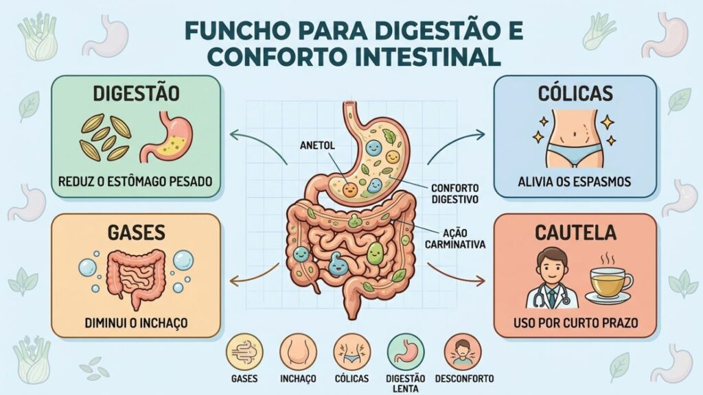 Quatro benefícios do funcho promovem digestão e conforto intestinal.