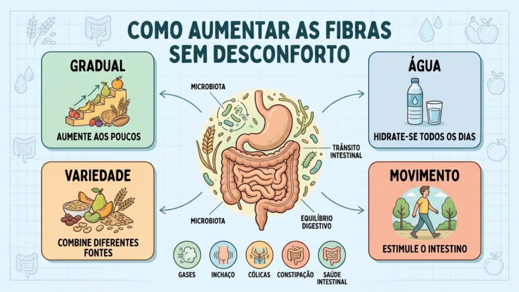 Quatro hábitos ajudam a aumentar as fibras sem causar desconforto intestinal.