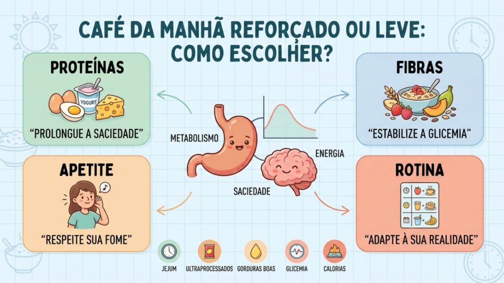 Proteínas, fibras e apetite orientam um café da manhã equilibrado.