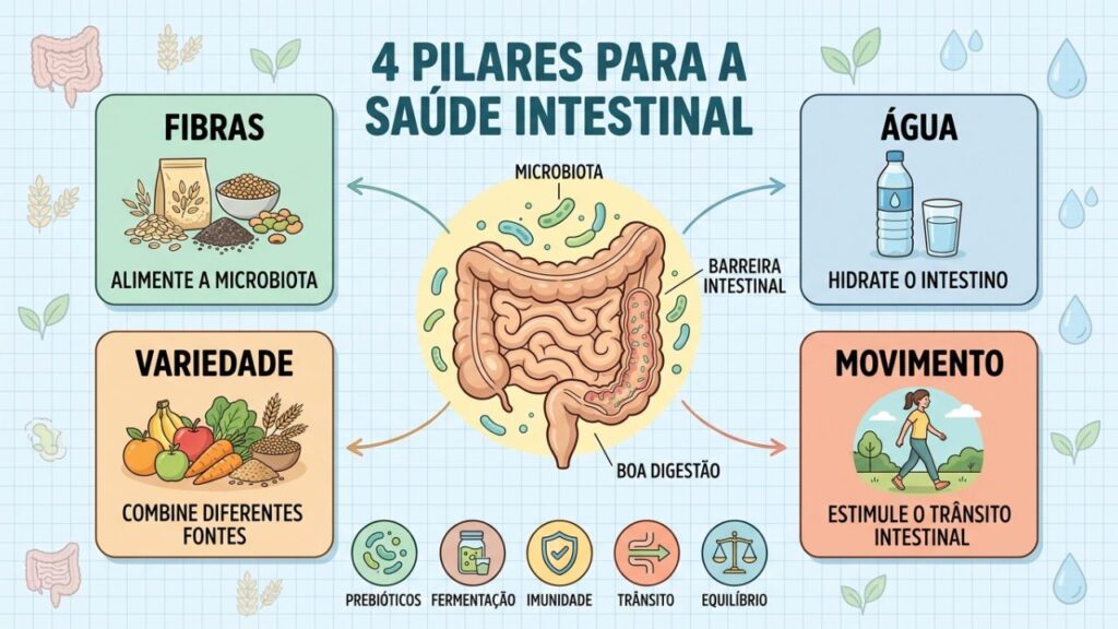 Quatro pilares ajudam a fortalecer a microbiota e melhorar a saúde intestinal.
