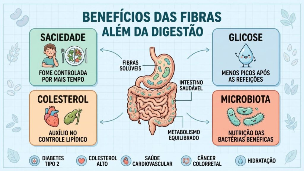 Quatro benefícios das fibras: saciedade, glicose, colesterol e microbiota saudável.