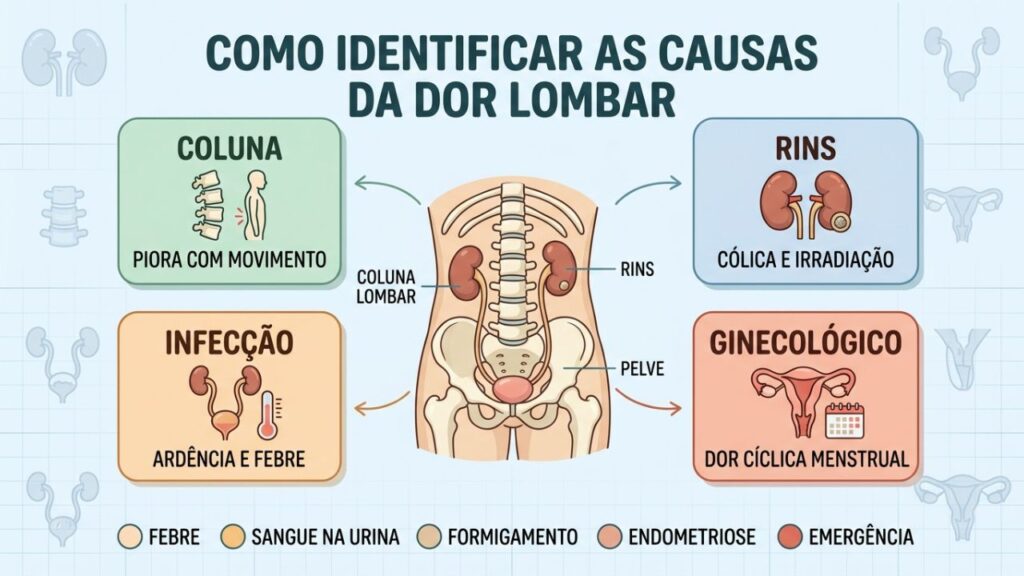 Coluna, rins, infecções e causas ginecológicas podem provocar dor lombar.