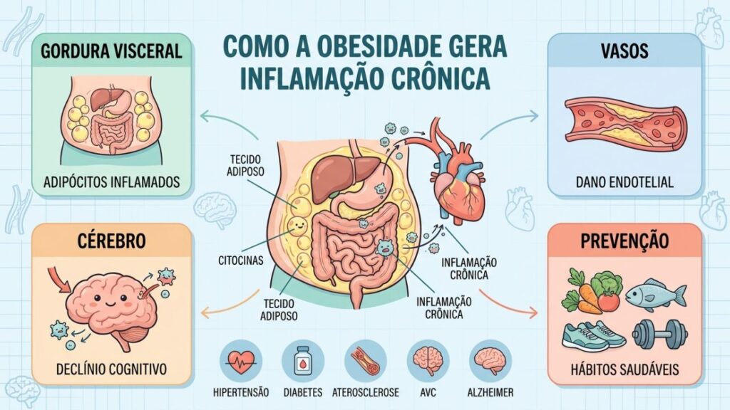 Entenda como a gordura visceral inflama o organismo e aumenta riscos cardiovasculares e cerebrais.