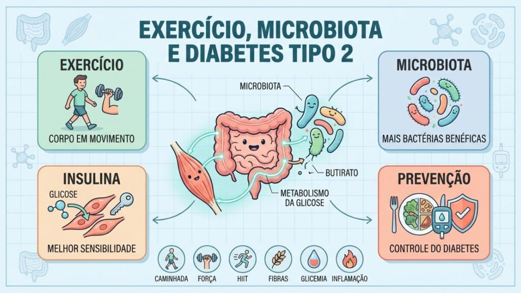 Exercício melhora a microbiota, reduz inflamação e favorece o controle da glicemia.