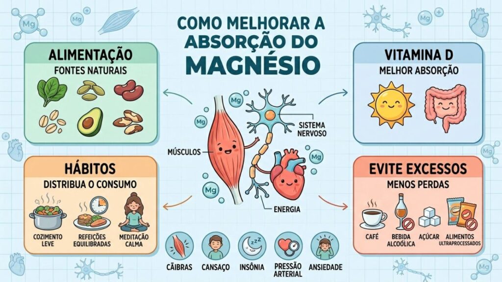Alimentação, vitamina D e bons hábitos favorecem a absorção adequada de magnésio.