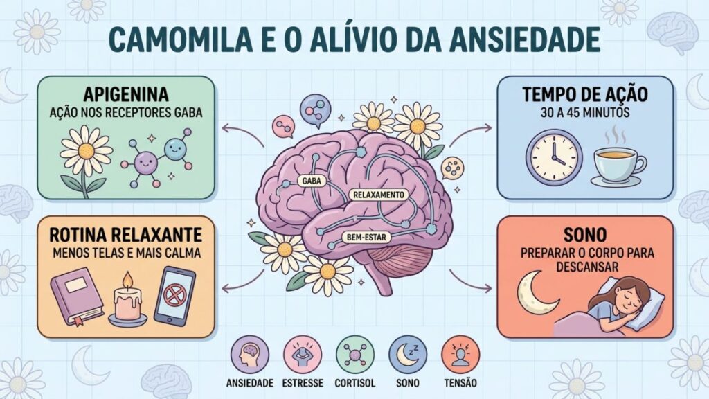 Quatro pilares explicam como a camomila ajuda a reduzir a ansiedade.