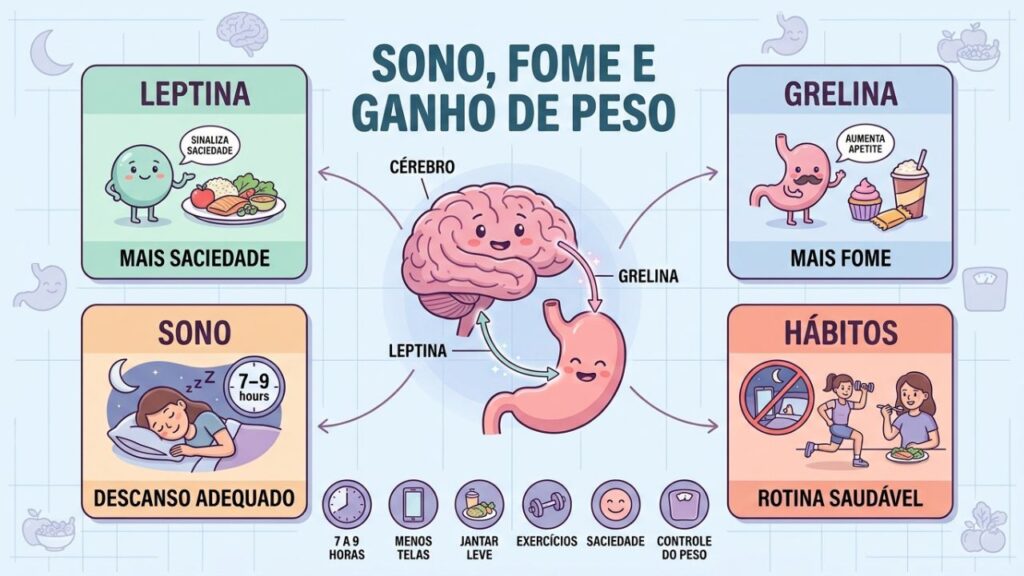 Sono adequado equilibra leptina, grelina e favorece o controle saudável do peso.