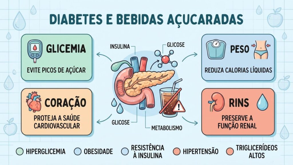 Quatro áreas afetadas pelo excesso de bebidas açucaradas em pessoas com diabetes.