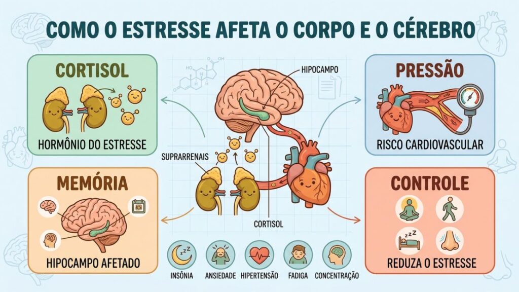 Cortisol elevado afeta pressão arterial, memória e bem-estar, mas hábitos saudáveis ajudam a controlar.