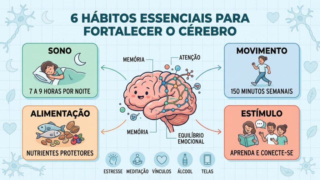 Sono, movimento, alimentação e estímulos mentais fortalecem a saúde cerebral.