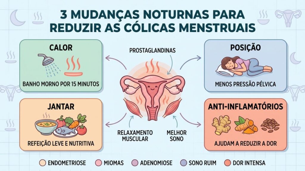 Calor, posição adequada e alimentação leve diminuem a dor e melhoram o sono.