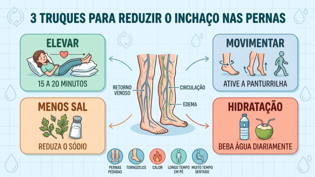 Elevação, movimento, menos sal e hidratação ajudam a reduzir o edema diário.