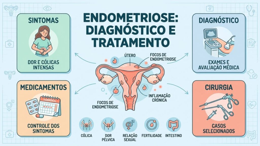 Sintomas, diagnóstico e principais tratamentos utilizados no manejo da endometriose.