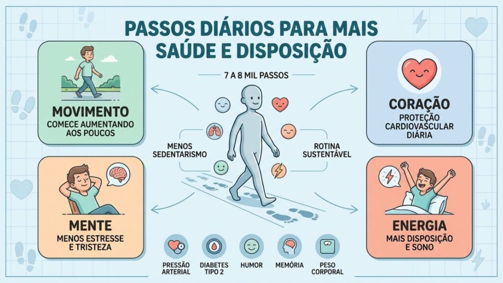 Quatro pilares mostram como caminhar diariamente melhora corpo, mente e energia.