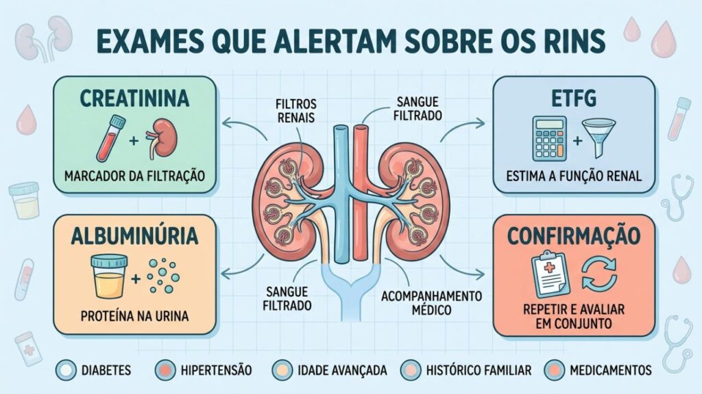 Creatinina, eTFG e albuminúria ajudam a acompanhar a função dos rins.