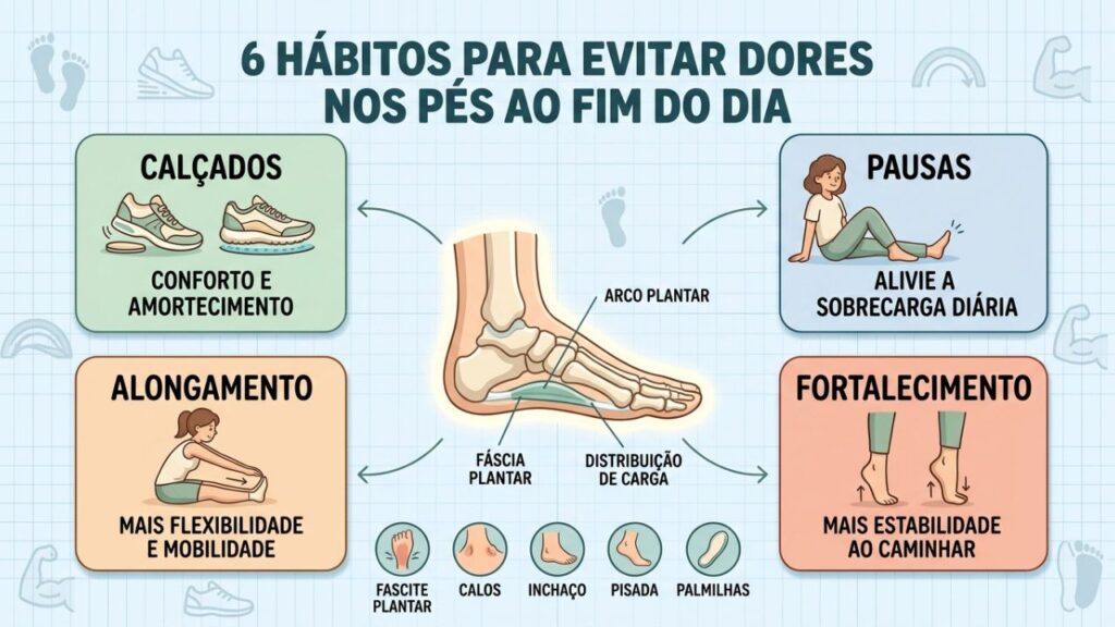 Alongamentos, suporte plantar e bons hábitos reduzem dores nos pés.