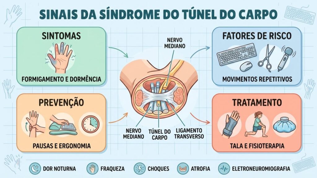 Reconheça os sintomas, fatores de risco e tratamentos da síndrome do túnel do carpo.