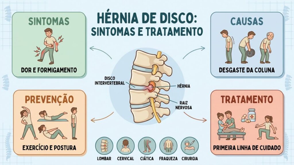 Sintomas, causas, prevenção e tratamento conservador da hérnia de disco em um guia visual.