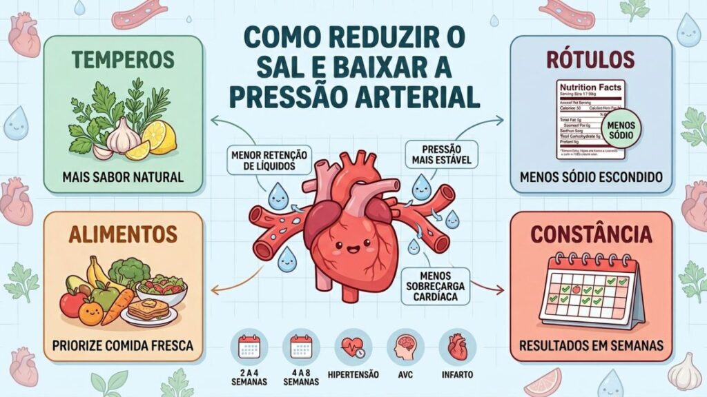 Quatro hábitos simples ajudam a diminuir o sódio e proteger o coração.