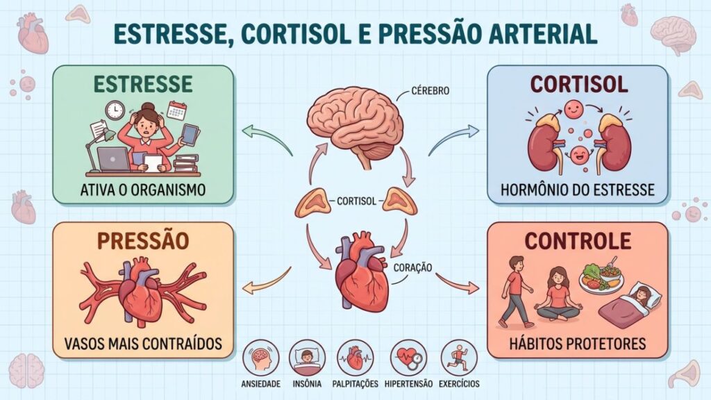 Como estresse, cortisol, coração e hábitos saudáveis influenciam a pressão arterial.