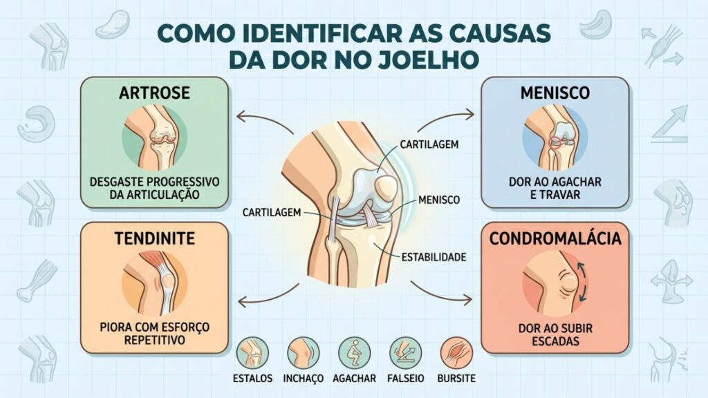 Artrose, menisco, tendões e cartilagem podem causar dores semelhantes.