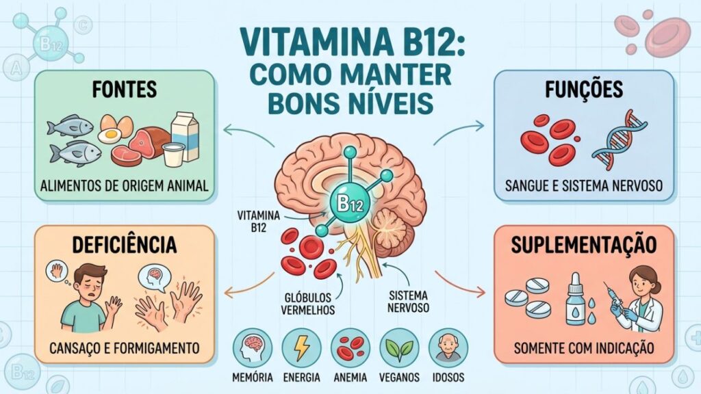 Fontes, funções, deficiência e suplementação da vitamina B12 explicadas de forma visual.