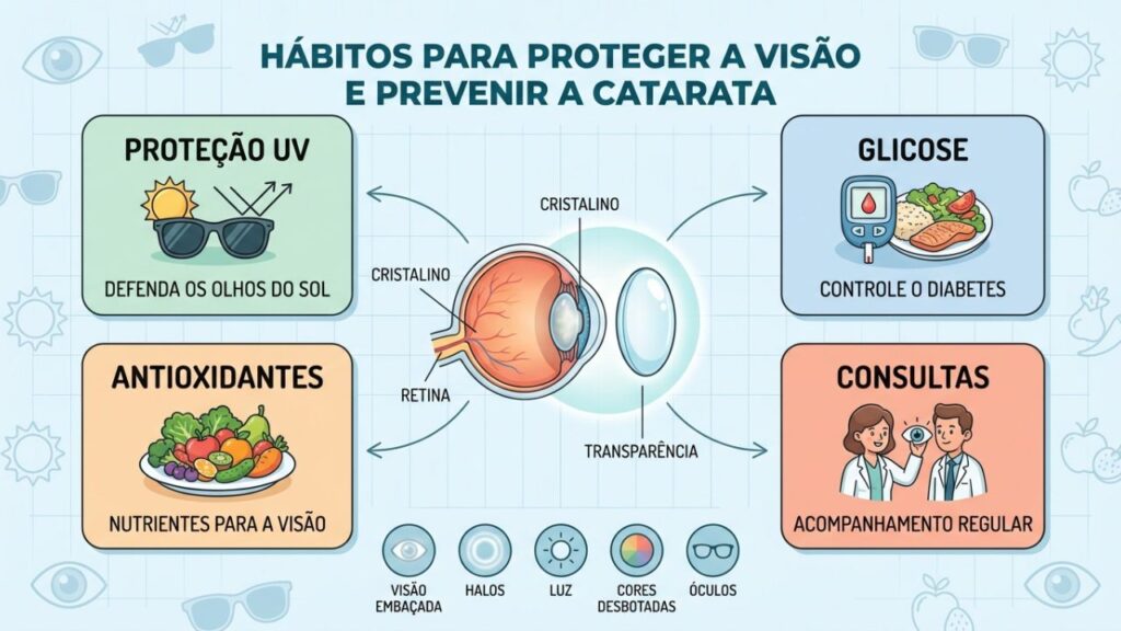 Proteção solar, antioxidantes e consultas regulares ajudam a prevenir a catarata.