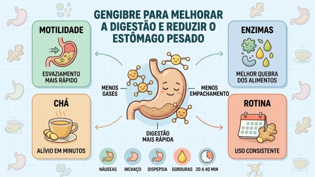 Quatro mecanismos do gengibre ajudam a melhorar a digestão e reduzir desconfortos.
