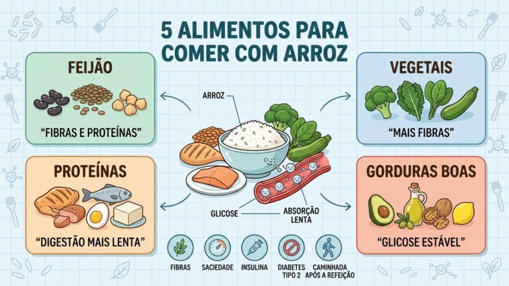 Feijão, vegetais, proteínas e gorduras boas ajudam a estabilizar a glicemia após o arroz.