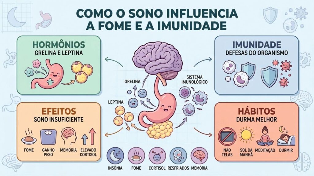 Sono adequado equilibra hormônios da fome, fortalece a imunidade e protege a saúde.