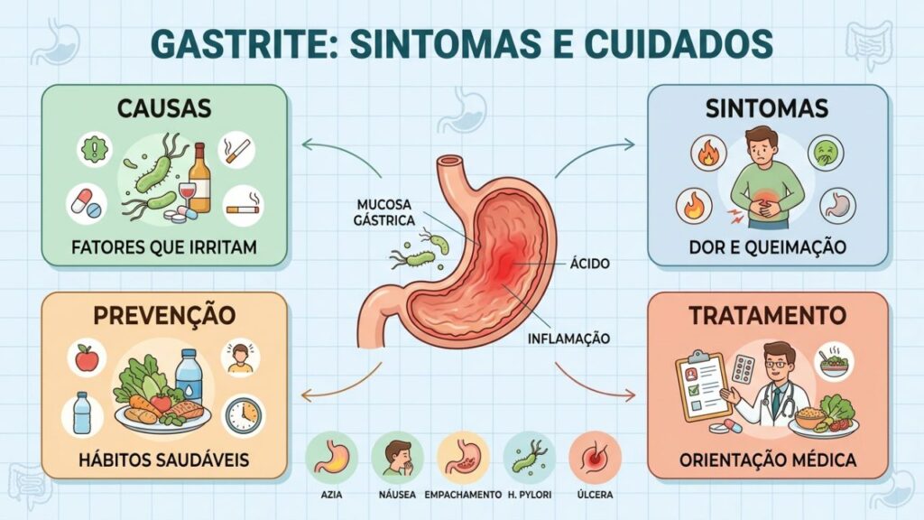 Conheça as causas, sintomas, prevenção e tratamento da gastrite de forma visual.