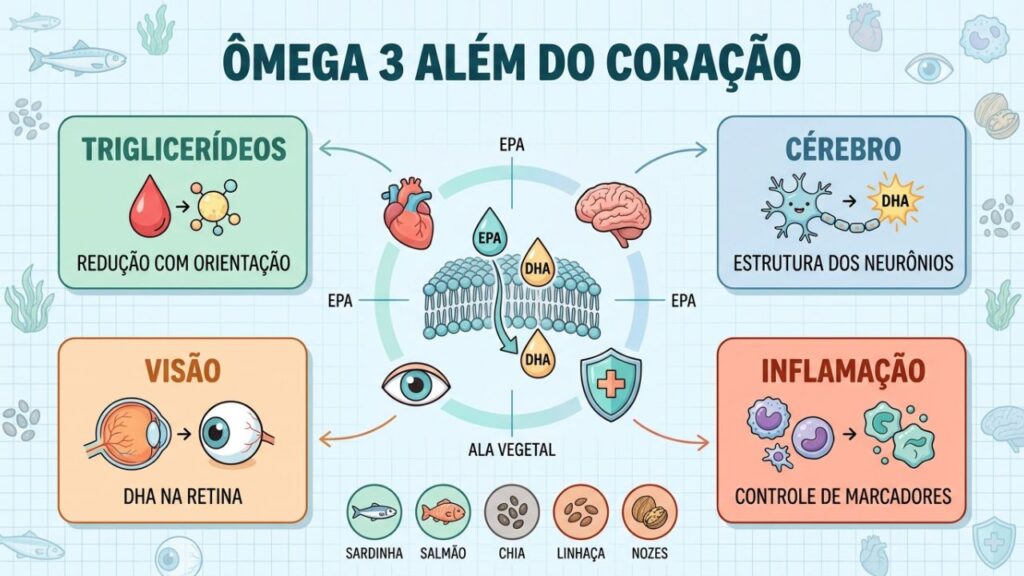 Quatro ações do ômega 3 mostram benefícios além da saúde cardiovascular.