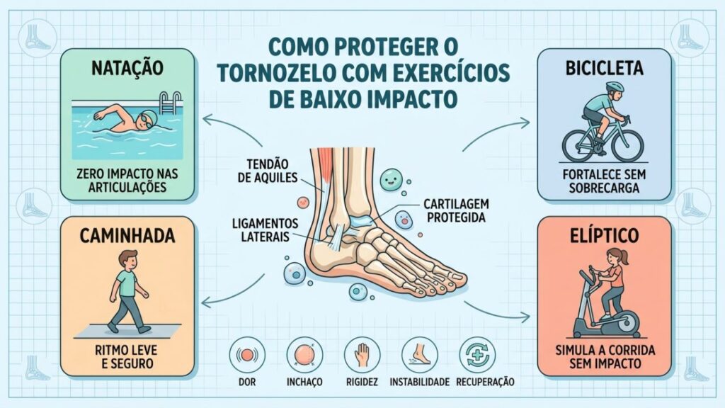 Quatro exercícios de baixo impacto que protegem o tornozelo durante a recuperação.