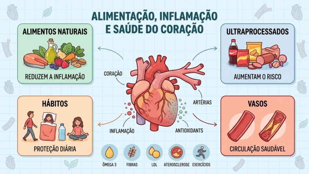 Alimentos, inflamação, vasos sanguíneos e hábitos que fortalecem a saúde cardiovascular.
