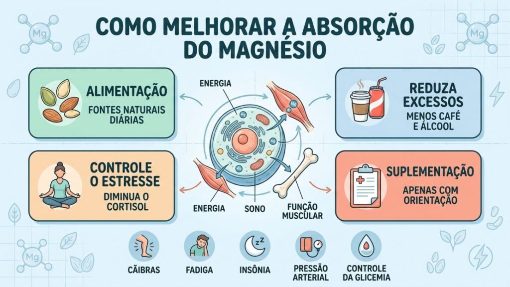 Quatro pilares ajudam a preservar níveis adequados de magnésio diariamente.