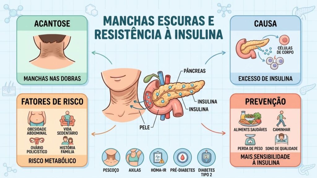 A acantose nigricans pode indicar resistência à insulina e merece investigação precoce.