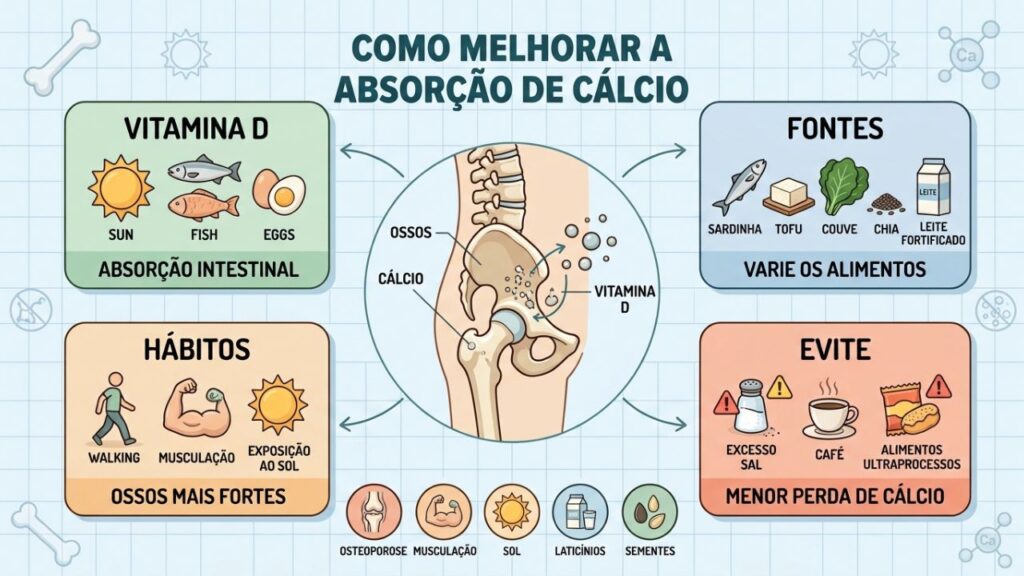 Quatro pilares para melhorar a absorção de cálcio e fortalecer a saúde óssea.