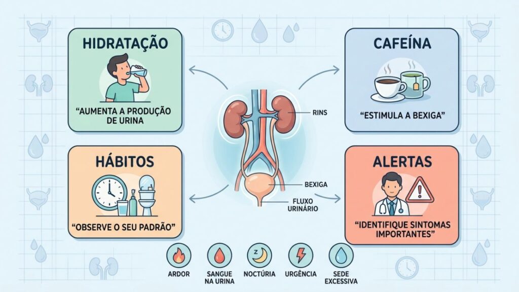 Hidratação, cafeína e sintomas associados ajudam a interpretar as idas ao banheiro.