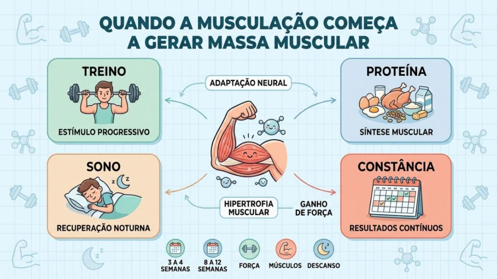 Treino, proteína, sono e constância aceleram o desenvolvimento da massa muscular.